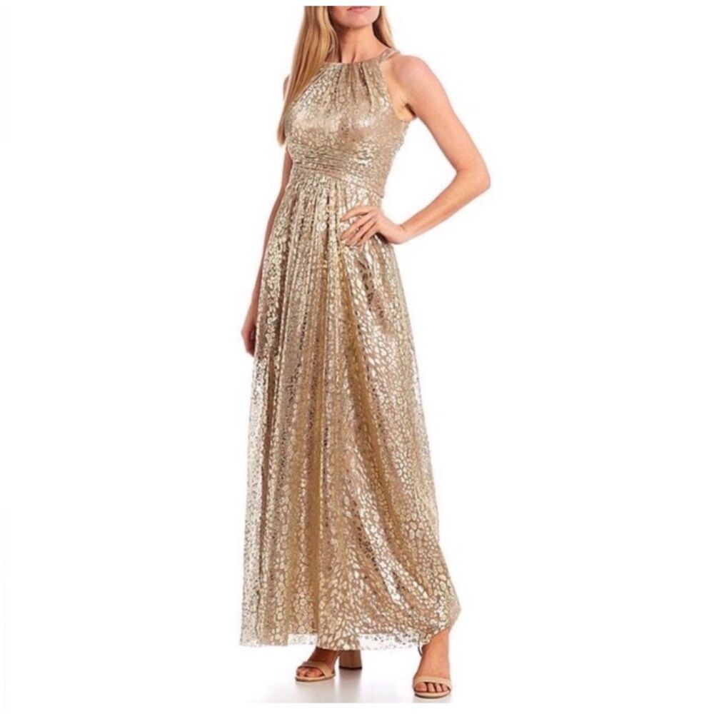 Eliza J Metallic Gold Animal Leopard Print Maxi Gown Dress Size 10 NWT